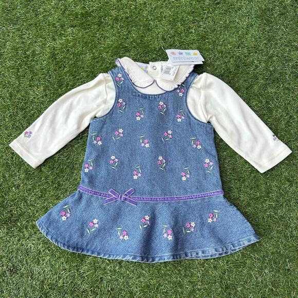 miniwear Other - NWT Vtg 90s Miniwear Denim‎ Dress 12M Sleeveless with Embroidered Flowers